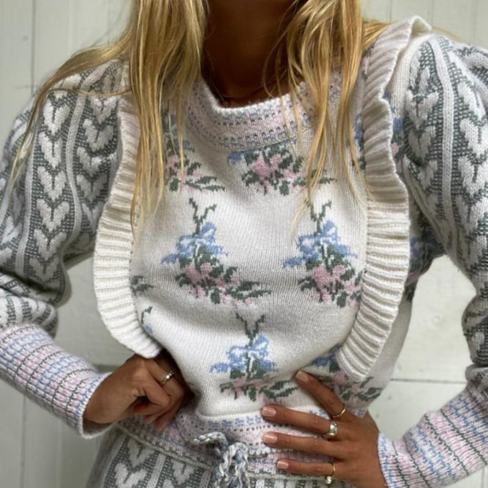 LoveShackFancy Warwick Pullover intarsia sweater pink floral XS